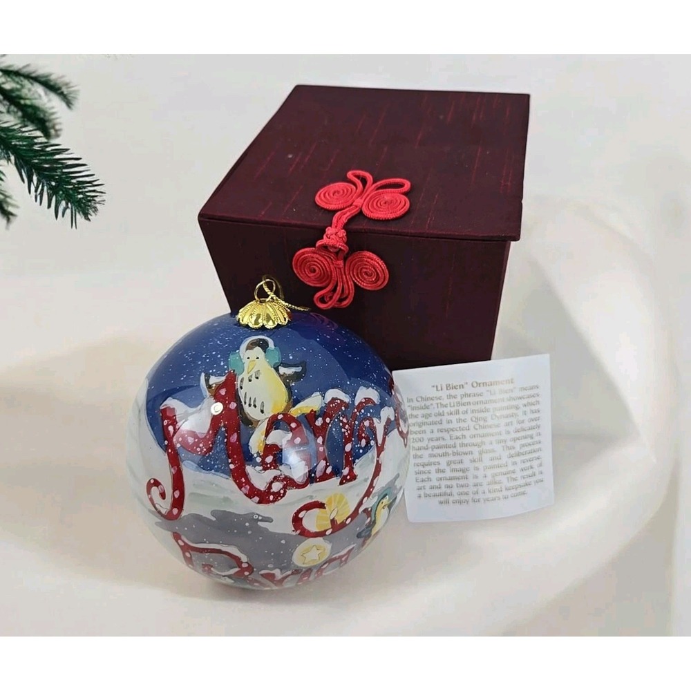 2010 Pier One Li Bien Glass Christmas Ornament Penguins Merry & Bright Painted